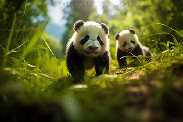 Cute panda cubs in a lush bamboo grove, The image showcases the beauty and serenity of nature and wildlife. Endangered species, AI generated