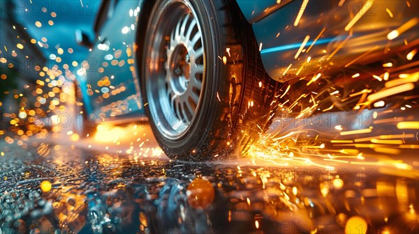 Close-up of a car's wheel emitting sparks on a street at night with motion blur and bokeh effect, AI generated