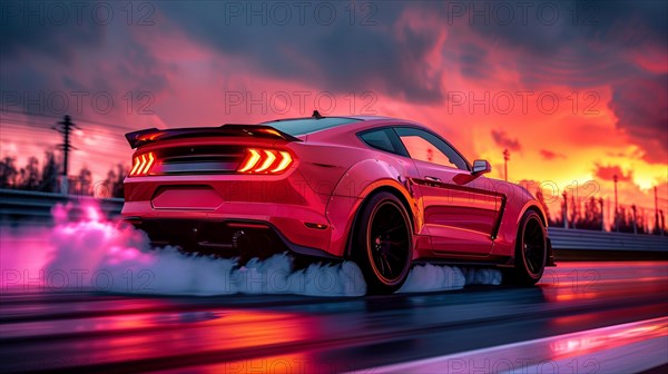 A red american muscle powerful v8 sports car racing on a track under a sunset sky with neon lighting, AI generated