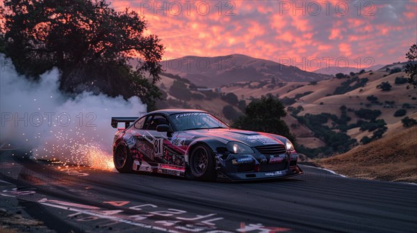 Customized drift car creating sparks and smoke while racing on a track at twilight, AI generated