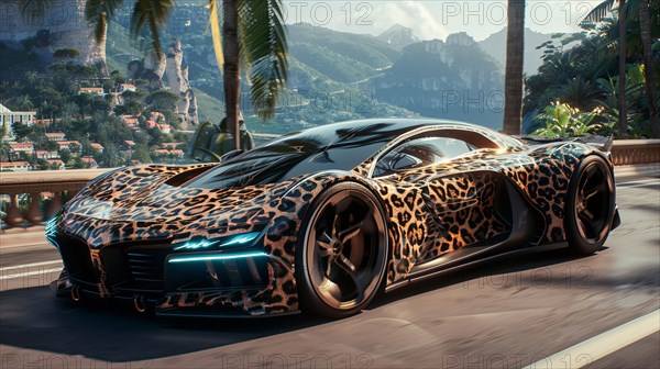 Futuristic car with leopard print design parked at a luxurious tropical resort setting, AI generated