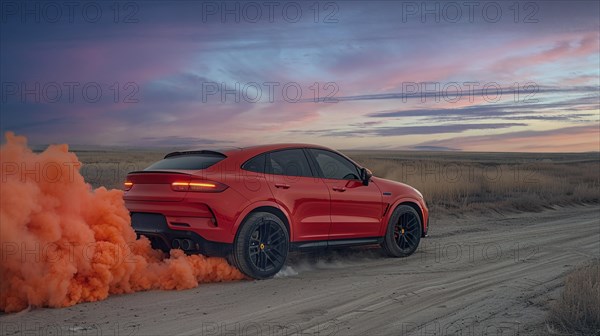 Red sports car in a deserted field with a dramatic orange smoke background at dusk, AI generated