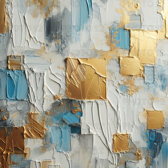 Heavy impasto technique with blue, white, and gold leaf accents creating a rich texture, AI generated