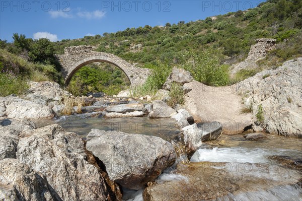 Historic arch bridge Le Pont des Fees over the river La Garde, Grimaud-Village, Var, Provence-Alpes-Cote d'Azur, France, Europe