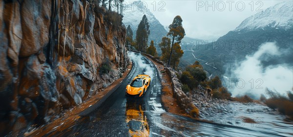 Orange car on a narrow turn in mountainous road surrounded by snow and a cloudy sky, AI generated