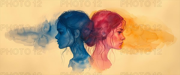 Watercolor art of two women in profile with a blue to red gradient, depicting an emotional and flowing scene, banner 3:1 wide style, horizontal aspect ratio, AI generated