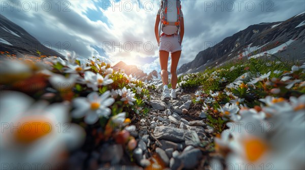 Back view of a hiker with a backpack on a trail through a field of flowers, AI generated
