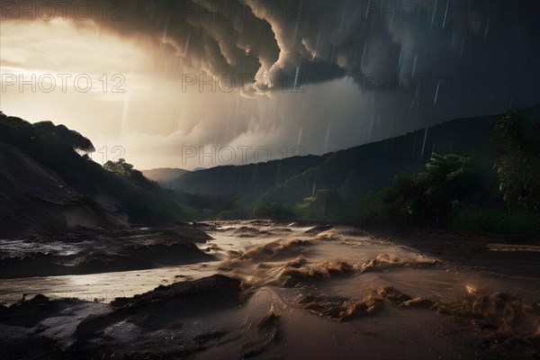 Heavy rainfall pouring on an already saturated ground leading to mudslides captured in a stormy twilight, AI generated