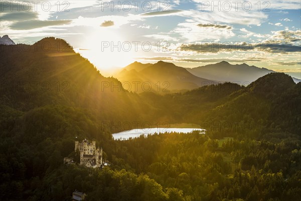 Hohenschwangau Castle, foehn storm, sunset, near Fuessen, Ostallgaeu, Allgaeu, Bavaria, Germany, Europe