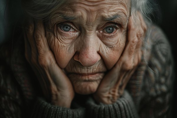 Face old sad elderly woman with wrinkled face. KI generiert, generiert, AI generated