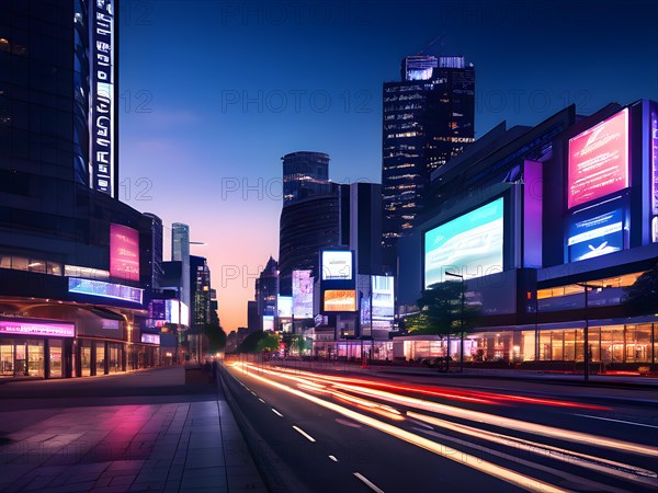 Cityscape at dusk with smart lighting systems adorn towering facades with digital billboards, AI generated