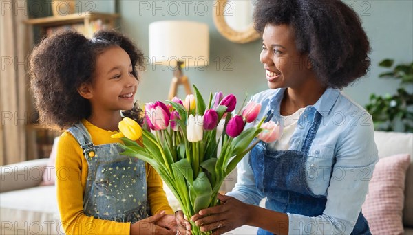 A happy moment between a mother and her daughter holding a colourful bouquet of tulips, symbol of Mother's Day, AI generated, AI generated