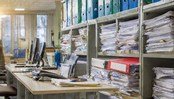 Overcrowded workplace with many folders and piles of paper in an office, symbolism bureaucracy, AI generated, AI generated
