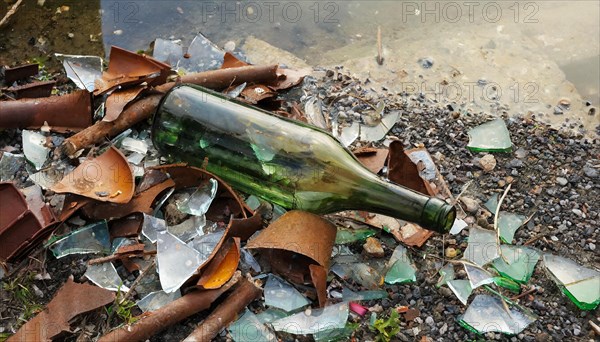 A broken bottle, shards, glass, environmental pollution, AI generated, AI generated