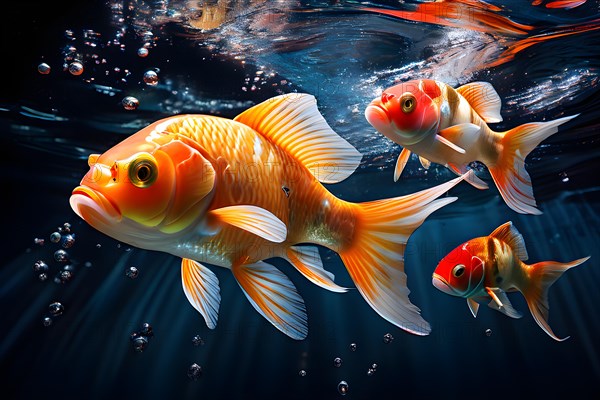 Brightly colored koi fish congregation underwater scene elegantly gliding in a peaceful atmosphere, AI generated, deep sea, fish, squid, bioluminescent, glowing, light, water, ocean