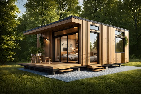 Eco friendly tiny house located centrally embraced by natures tranquility, AI generated