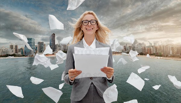 Woman in suit holding a sheet of paper while other papers fly around her in the wind, symbol bureaucracy, AI generated, AI generated