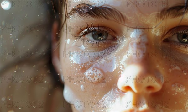 Reflective close-up of a face with clear skin and water drops, freckles in natural light AI generated