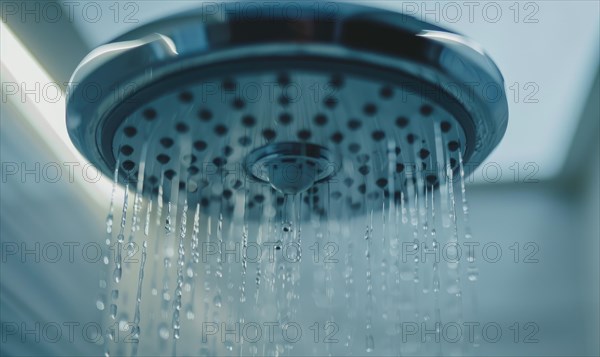 Close-up of a showerhead with water droplets falling down, signifying freshness AI generated