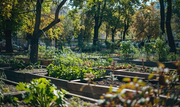 Community garden with raised beds brimming with various plants in an urban setting AI generated