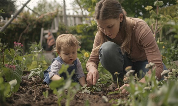 A mother and toddler are planting together in a garden, showcasing nurturing and learning AI generated