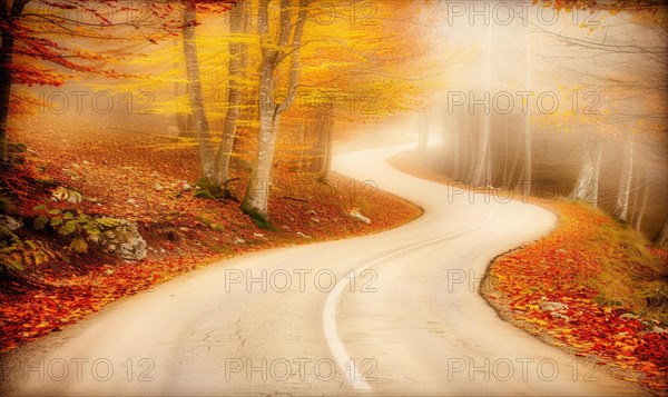 A tranquil winding road in autumn, surrounded by fog and trees with yellow leaves AI generated