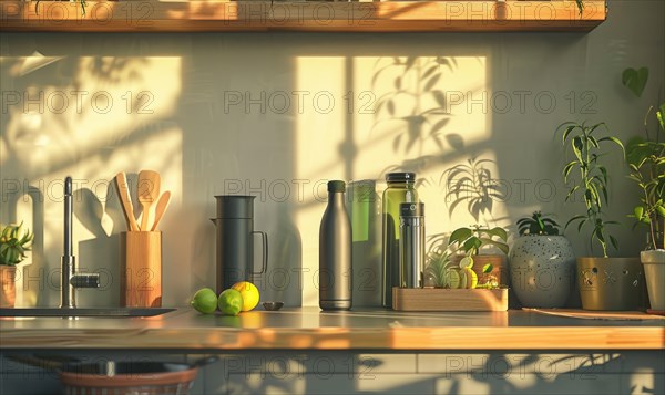 Sunlight casts shadows in a sleek, modern kitchen with greenery and stainless steel appliances AI generated