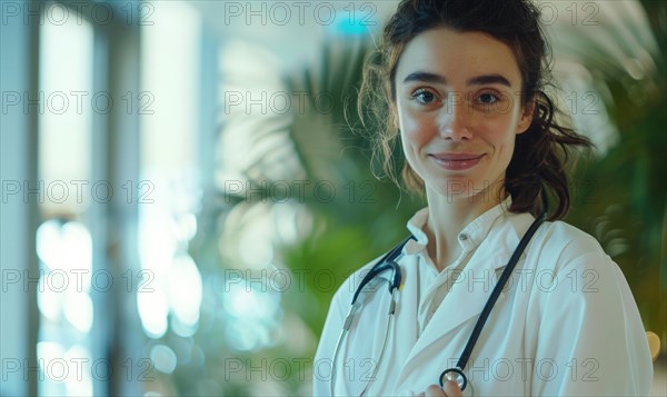 Friendly portrait of a female medical professional in a white coat with stethoscope in a healthcare setting AI generated