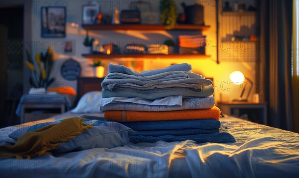 Pile of clean clothes on bed in bedroom at night, soft focus AI generated