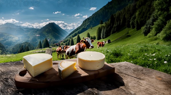 Cheese production on a farm in the alps mountains, cows graze in the mountains, AI generated