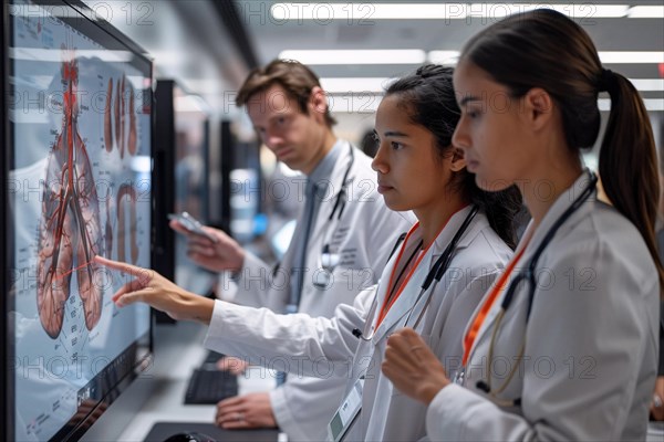 Medical team engaging in a discussion over an interactive anatomical display, AI generated