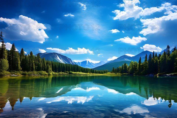 Serene summer lake dense forests reflection in a calm surface with bright blue sky with fluffy white clouds, AI generated