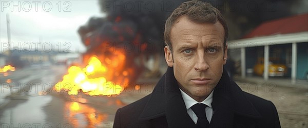 Serious man in black coat with an explosion and fire behind him in the background, AI generated