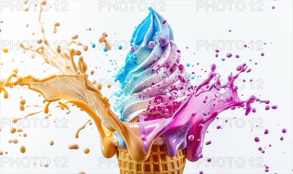 Ice cream cone explosion on white background AI generated