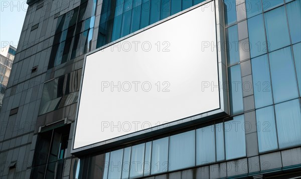 Blank screen banner mockup displayed on the modern building facade. Close Up view AI generated