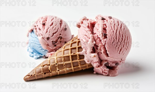 Neapolitan ice cream cones on white background AI generated