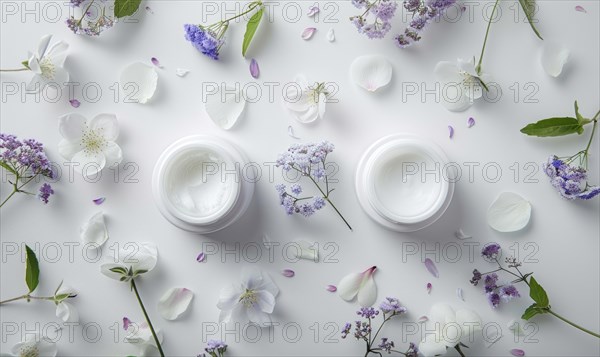 Two creme jar blank mockups nestled amidst delicate flower petals on a white background AI generated