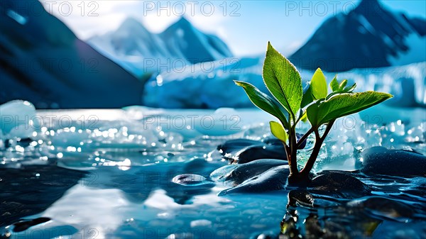 Melting glacier water cascading down its sides single green sapling, AI generated