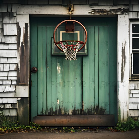 90s style basketball hoop suspended above a garage door, AI generated