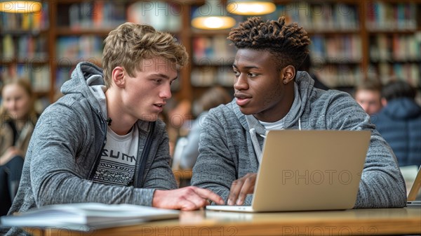 Two university students discussing academic work on a laptop in a library setting, AI generated