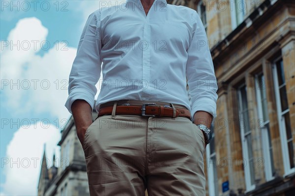 Midsection of a man in casual clothing standing on a city street, AI generated