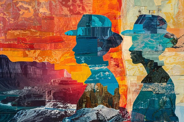 Vibrant abstract collage featuring silhouettes in front of a mountainous landscape, illustration, AI generated