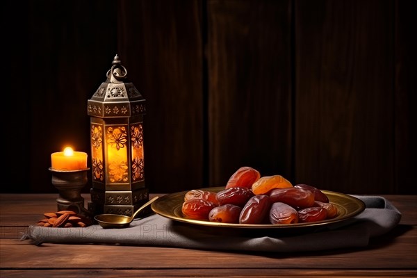 Ramadan lantern with a plate of succulent figs on dark background, set on an ornate table with intricate designs, evoking the rich traditions and serene moments of the holy month, AI generated