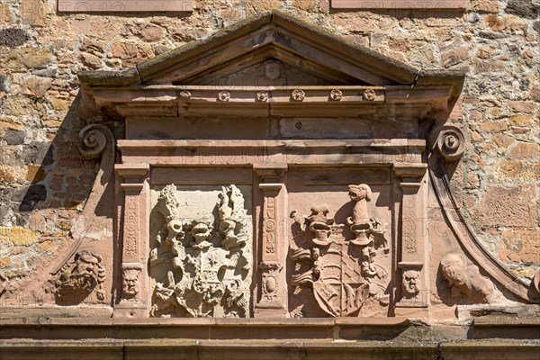 Coat of arms for Landgrave Ludwig IV of Hesse-Marburg and Hedwig of Wuerttemberg, relief in sandstone above portal, armoury, German Renaissance, Justus Liebig University JLU, old town, Giessen, Giessen, Hesse, Germany, Europe