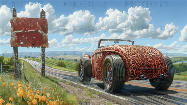 Retro car with leopard design by a rustic roadside in a grassy field, funny cartoon style, AI generated