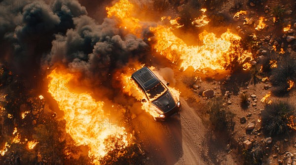 An SUV escapes from a wildfire surrounded by intense flames and smoke, drone aerial view, AI generated