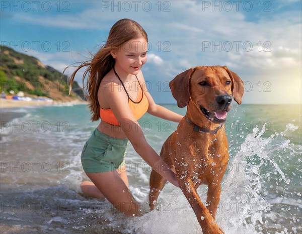 A girl plays with a dog, Rhodesian Ridgeback, on the beach and runs through the splashing sea water, AI generated, AI generated