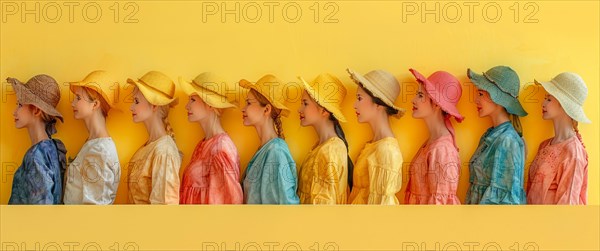 A lineup of women in profile view wearing colorful hats against a yellow background, banner 3:1 wide style, horizontal aspect ratio, AI generated