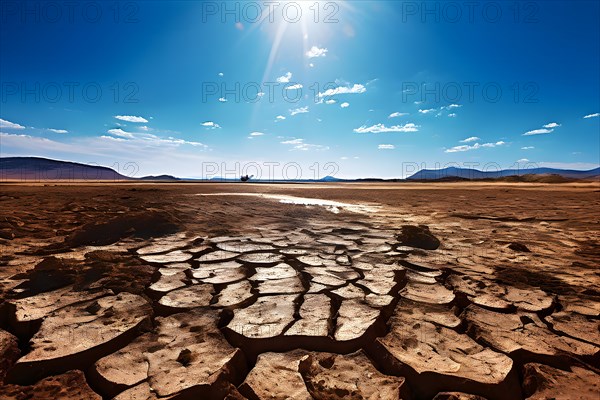 Heatwave stricken terrain displaying cracked desolated soil scorched under a blazing sun, AI generated