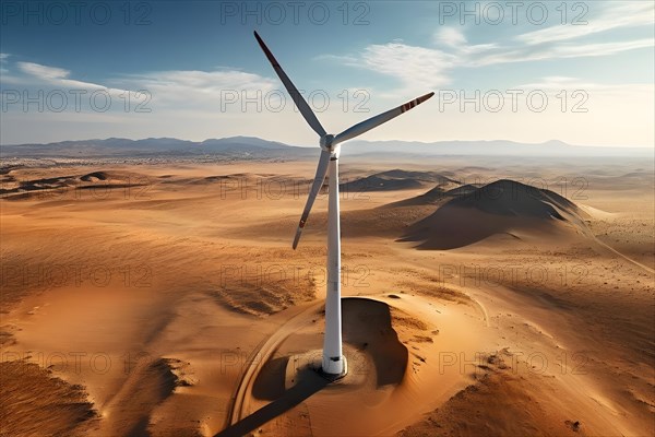 Wind turbine standing idle in a still lifeless desert representing the challenges of transition, AI generated